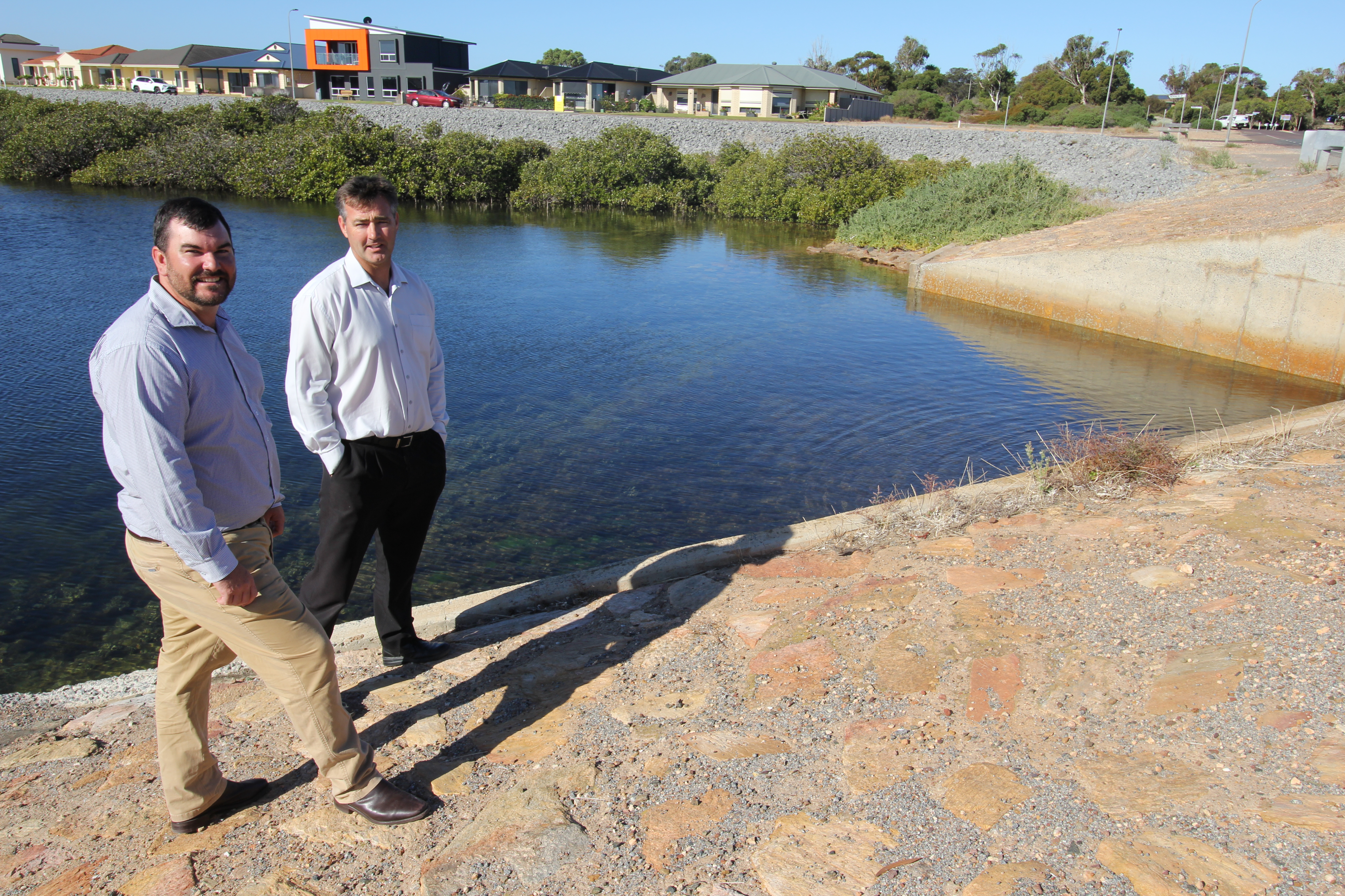 Mayor Sam Telfer and Works and Infrastructure Manager Damian Windsor at the causeway.